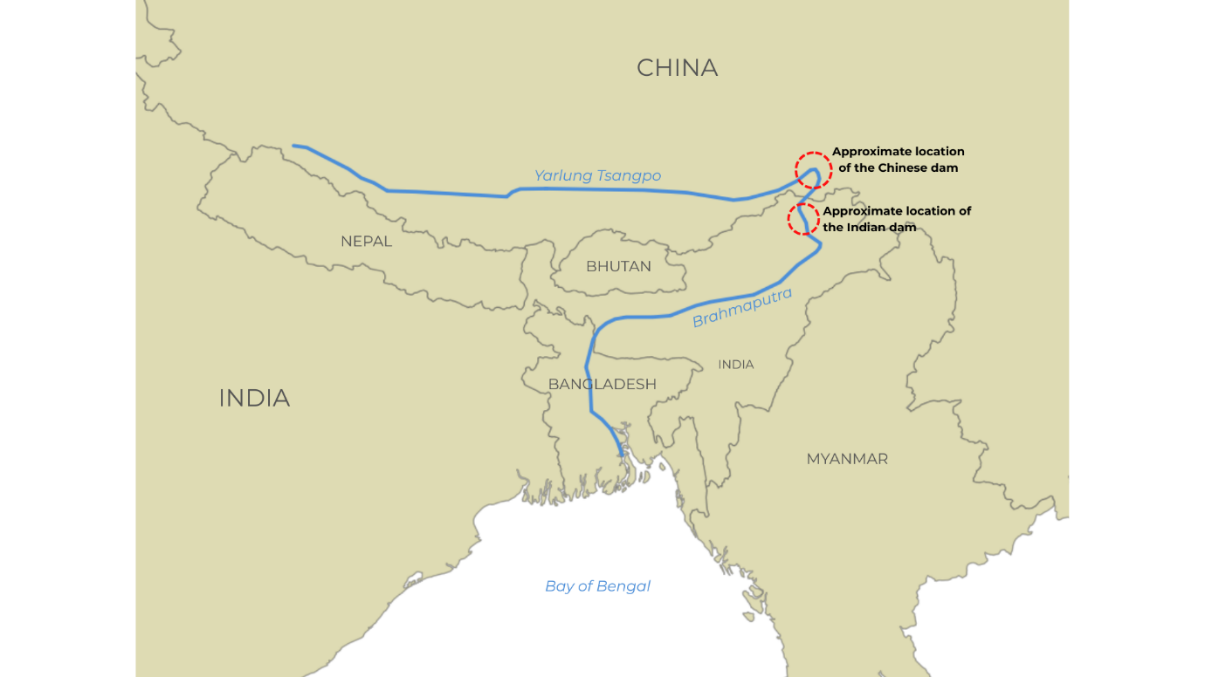 Map tracing the Yarlung Tsangpo and Brahmaputra and indicating proposed Chinese and Indian dam locations