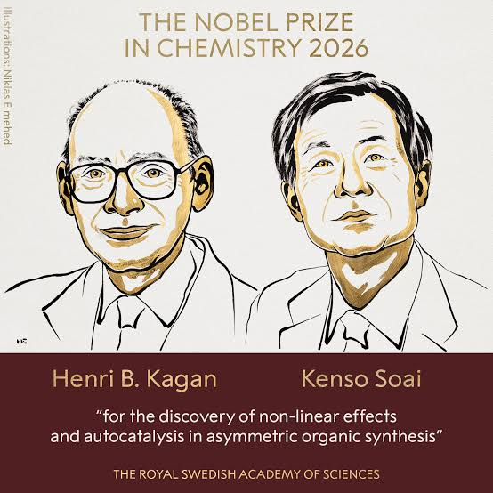 Nobel Prize illustration of chemistry laureates Henri B. Kagan and Kenso Soai