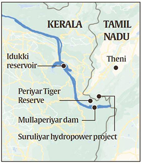 Map locating Mullaperiyar Dam, Periyar Tiger Reserve and the Idukki reservoir