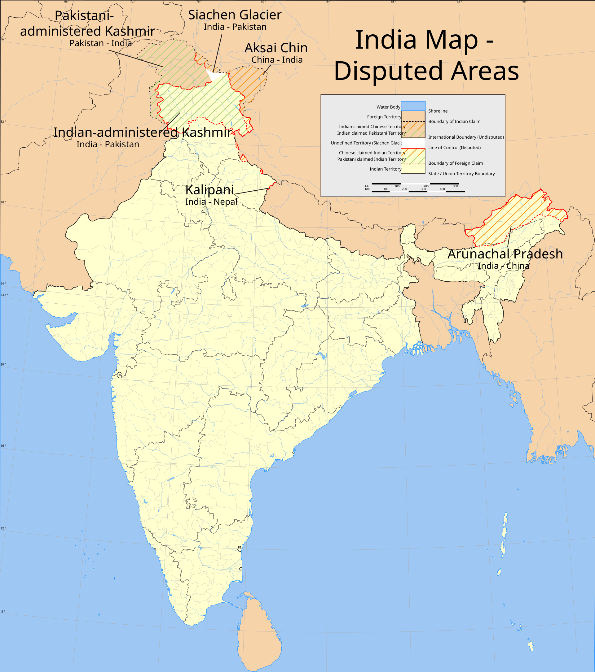 Map showing India and the principal disputed boundary areas