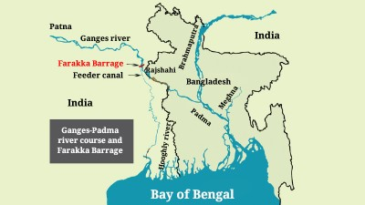 Map showing the Ganga-Padma river system and Farakka Barrage between India and Bangladesh