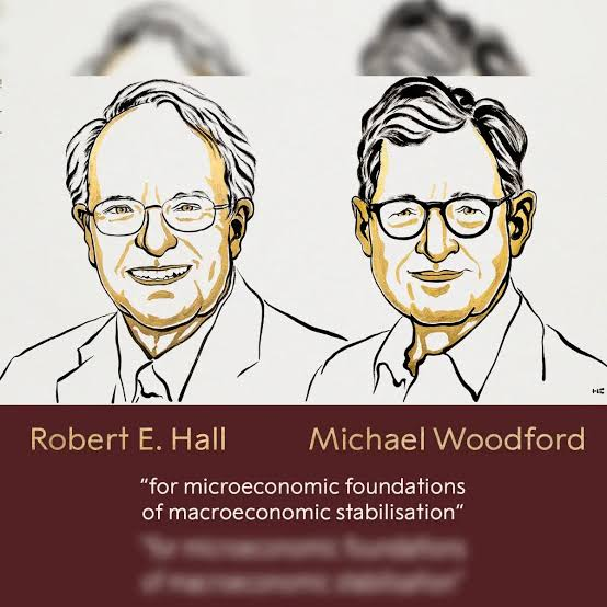 Illustrations of economics laureates Robert E. Hall and Michael Woodford