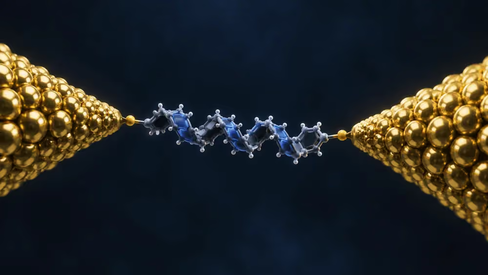 Helical molecule suspended between two gold electrode tips.