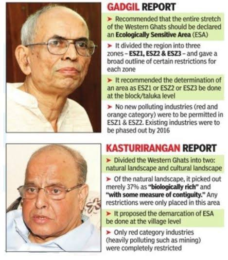 Historical infographic comparing recommendations of the Gadgil and Kasturirangan committees.