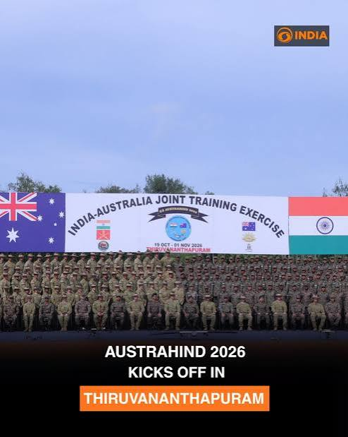 Indian and Australian military personnel at the opening of Austrahind 2026 in Thiruvananthapuram.