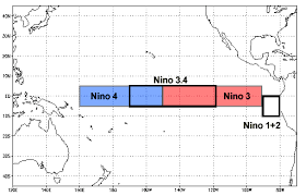 Map of equatorial Pacific monitoring regions Niño 1+2, Niño 3, Niño 3.4 and Niño 4.