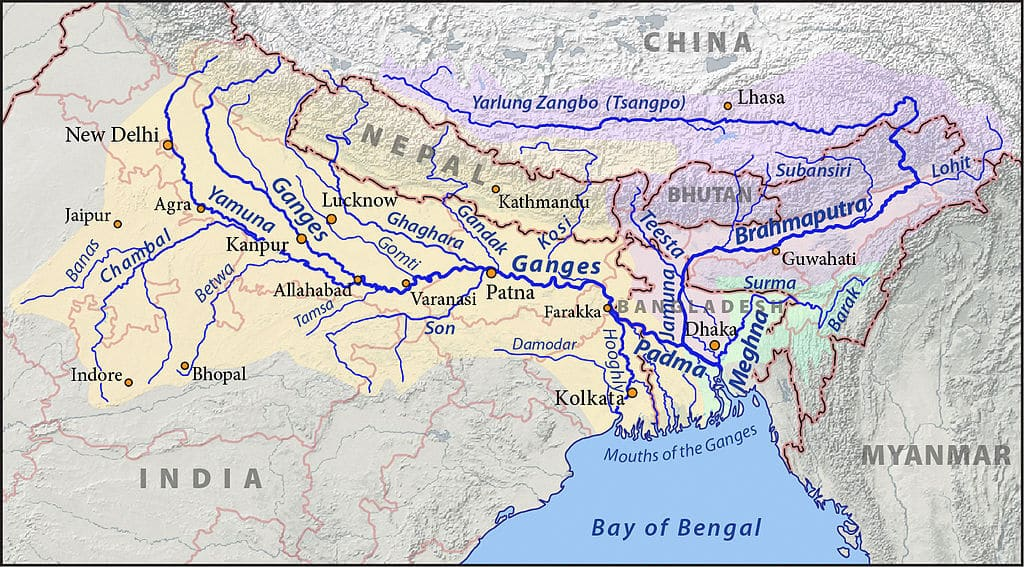 Map showing the Yarlung Tsangpo and Brahmaputra flowing from Tibet through India into Bangladesh and the Bay of Bengal