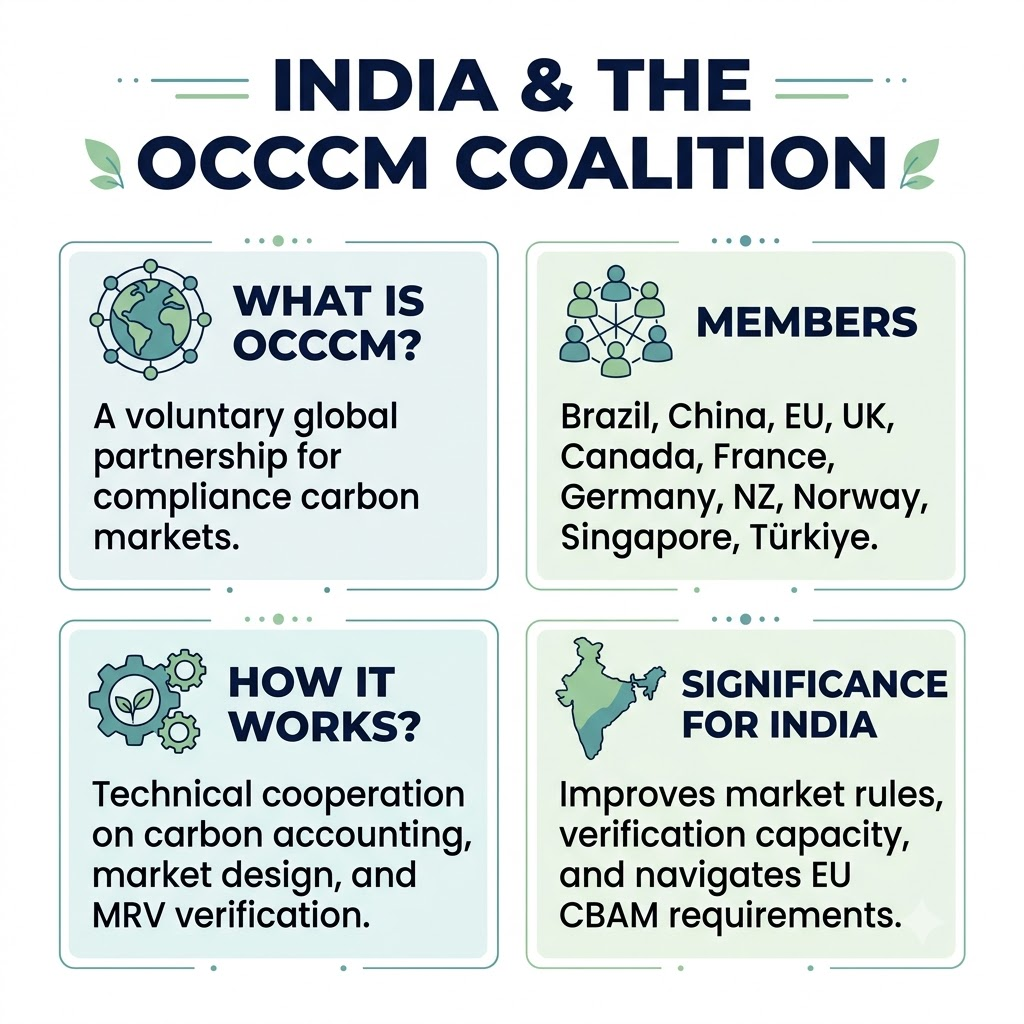 Infographic explaining the OCCCM, its members, carbon-market cooperation and potential benefits for India.