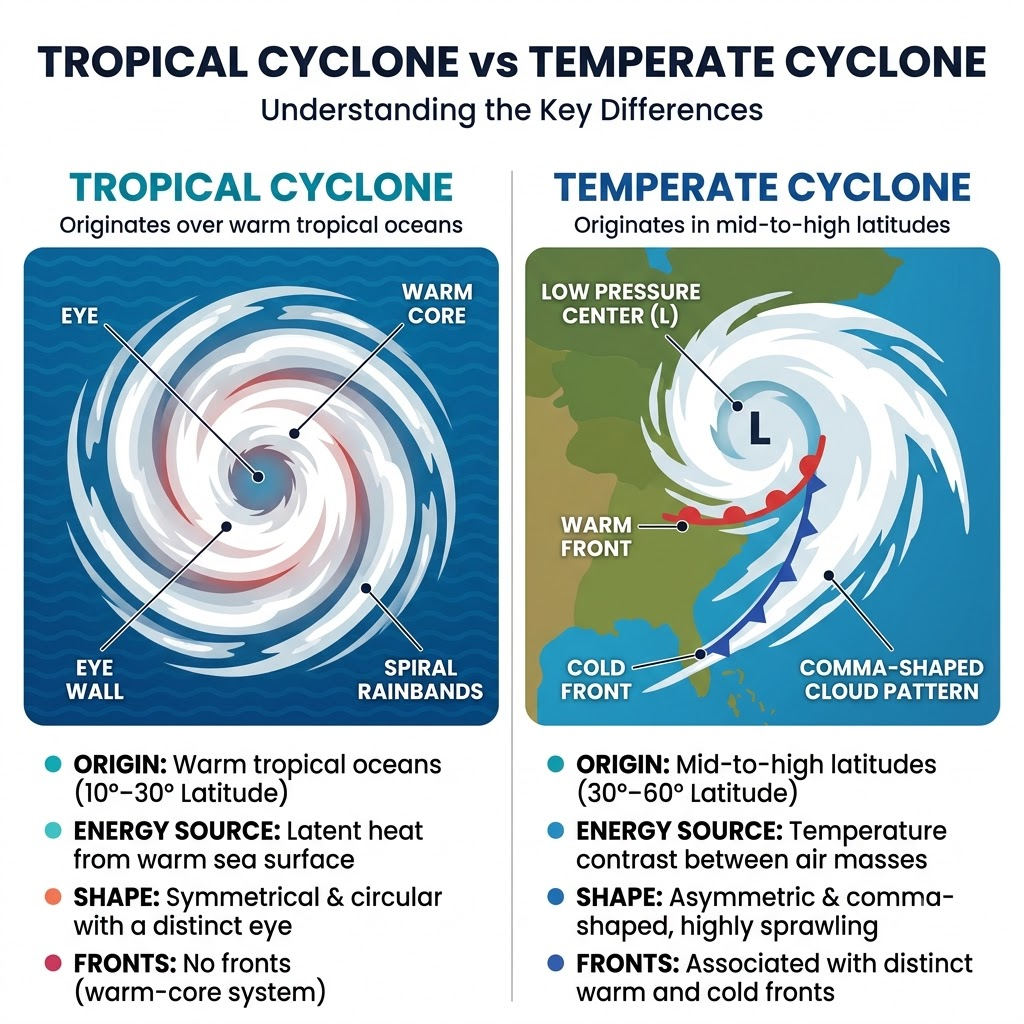 Schematic comparison of a mature tropical cyclone with an eye and an extratropical cyclone with warm and cold fronts.