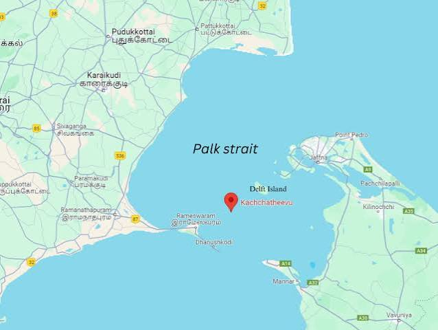 Map locating Katchatheevu in the Palk Strait between Rameswaram in India and northern Sri Lanka