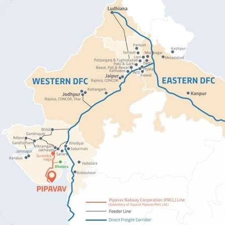 Map showing the Western Dedicated Freight Corridor and its Pipavav connection