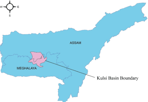 Map locating the Kulsi river basin along the Assam and Meghalaya border
