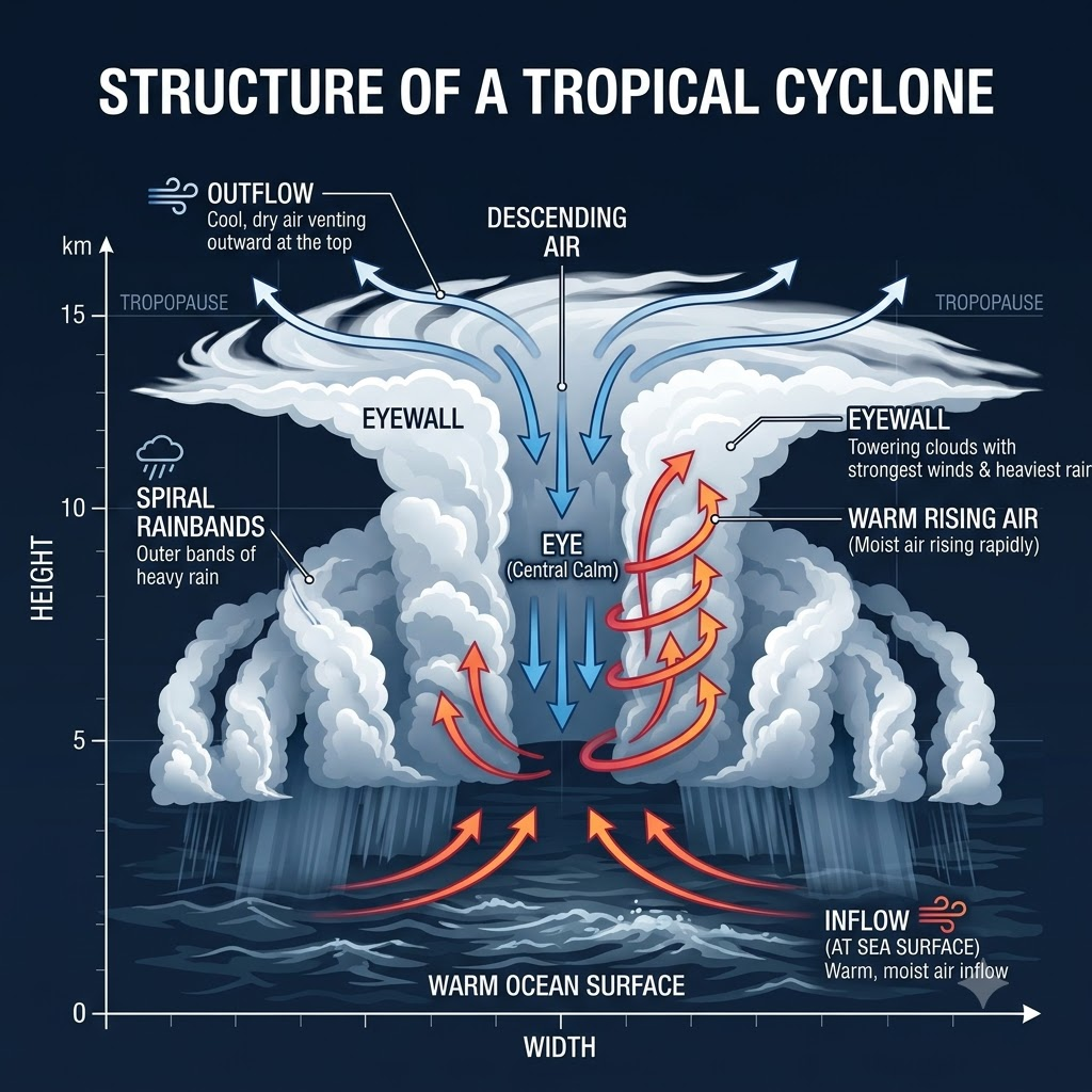 Cross-section of a mature tropical cyclone showing surface inflow, rising air in the eyewall, descending air in the eye and upper-level outflow.