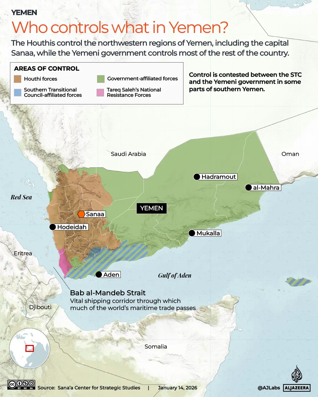 Map of Yemen showing areas controlled by Houthi and other forces and the Bab al-Mandeb Strait