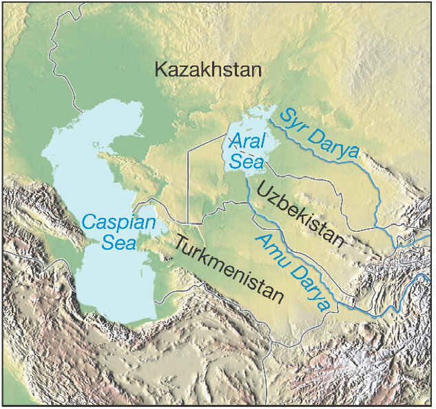 Map showing the Aral Sea between Kazakhstan and Uzbekistan and its feeder rivers