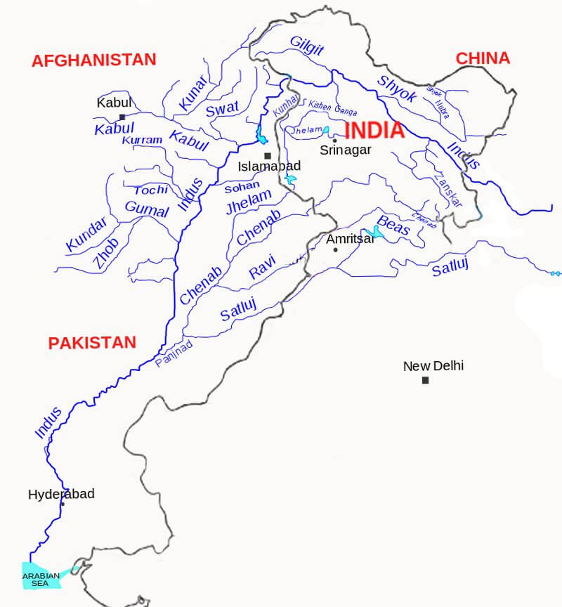 Map showing the Indus River and its major tributaries across India, Pakistan, Afghanistan and China