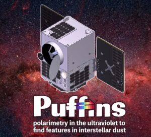 Illustration of the PUFFINS spacecraft with its telescope and solar panels.
