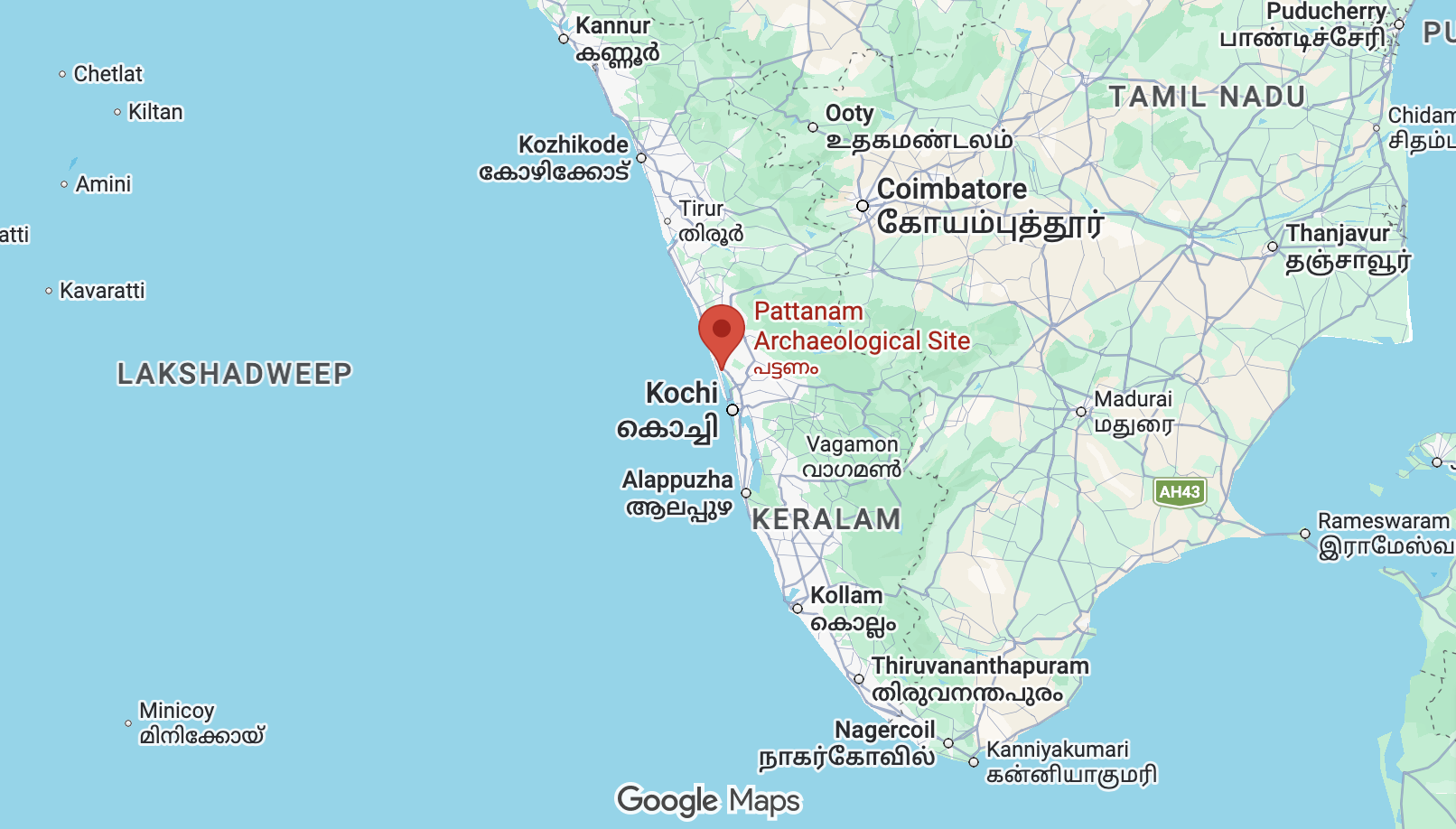 Map marking Pattanam Archaeological Site north of Kochi on Kerala’s coast.