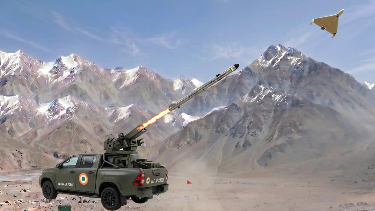 Illustration showing a vehicle-mounted interceptor missile being launched towards a drone over mountainous terrain.